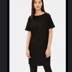 Eileen Fisher black short sleeve ribbed midi tencel stretchy dress. Large Petite